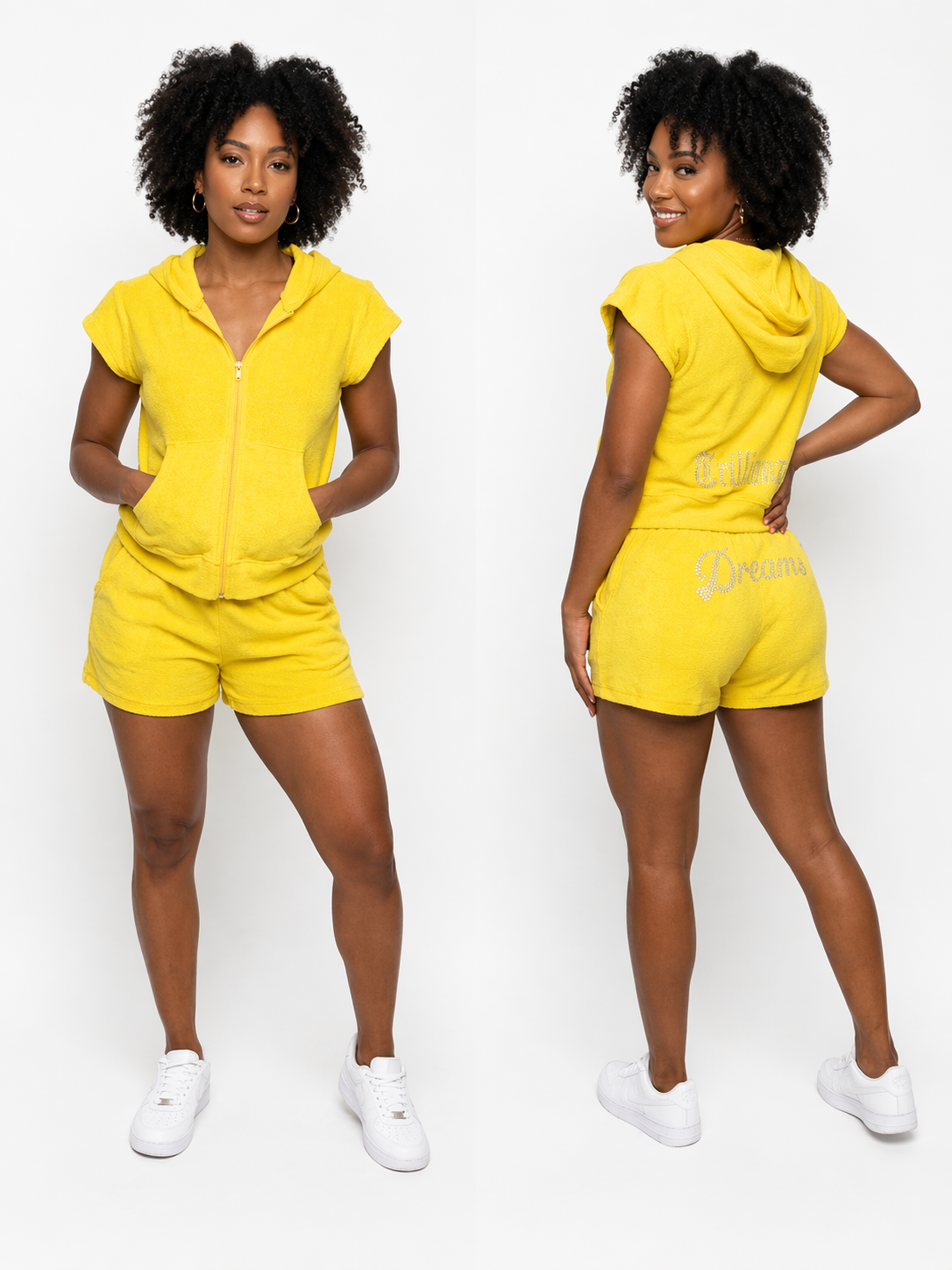 Trillionaire Dreams Women's "Lemonade Manifest" Rhinestone Short Set - Plush Zip Hoodie & Shorts