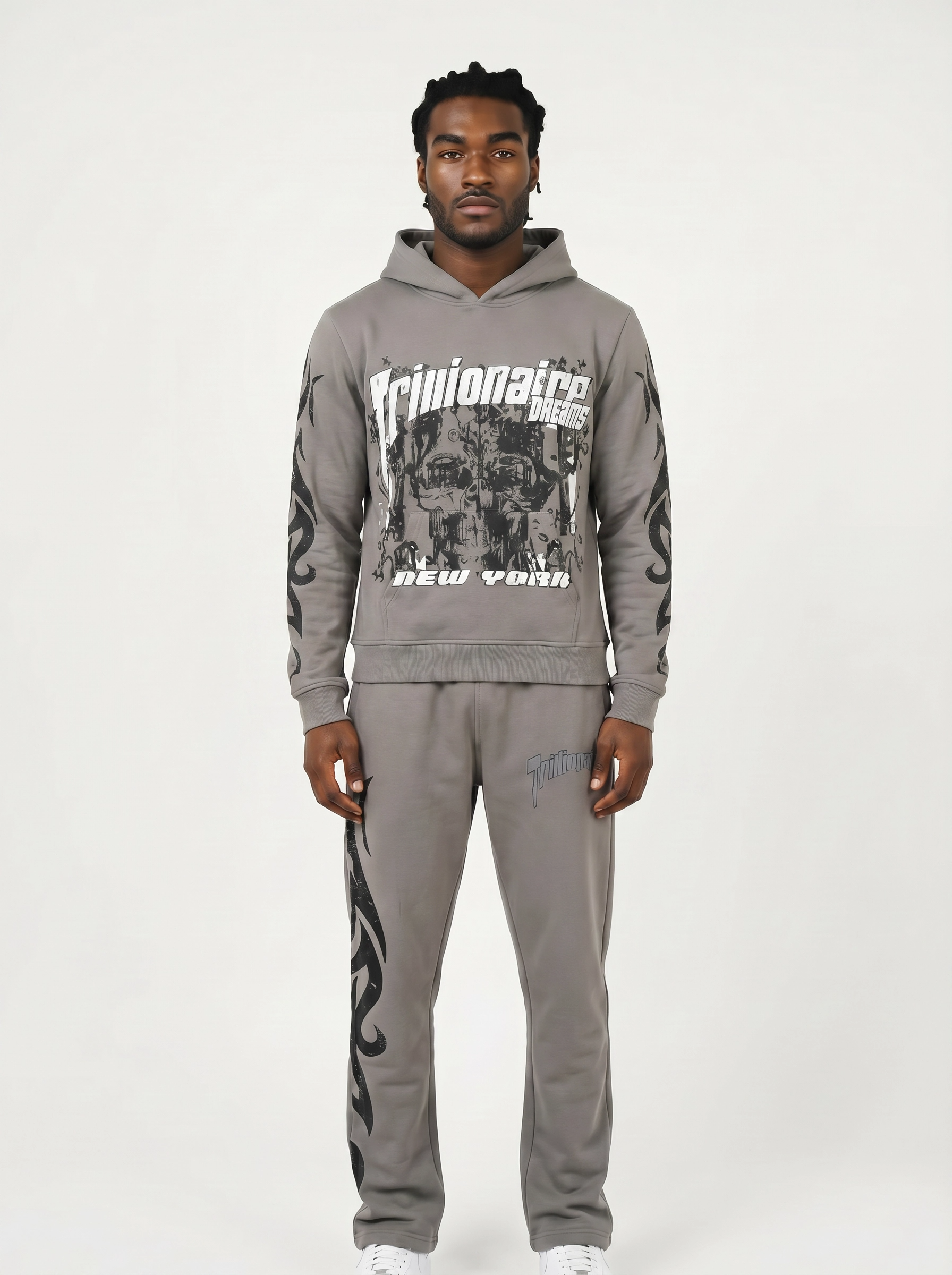 "Cement Grey" Tribal Short-Sleeve Hoodie & Pants Set